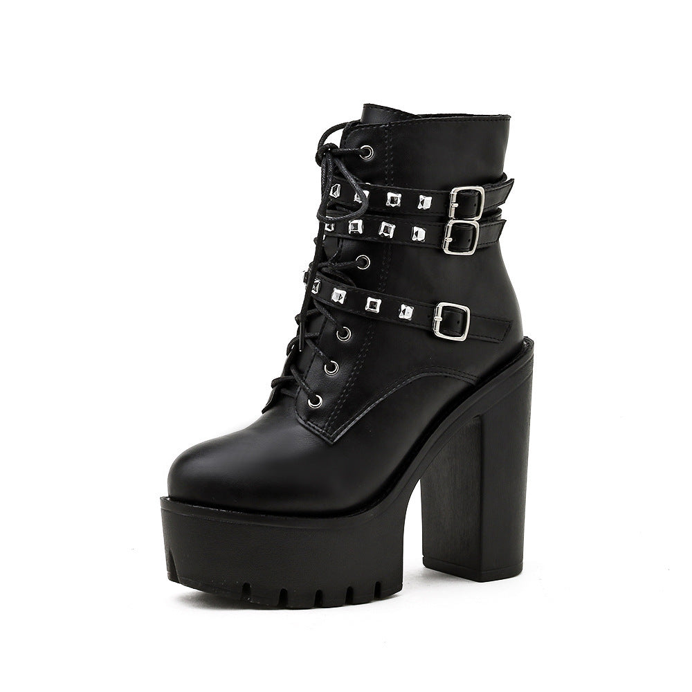 Platform Boots With Thick Soles and Thick Heels and Velvet Rivets