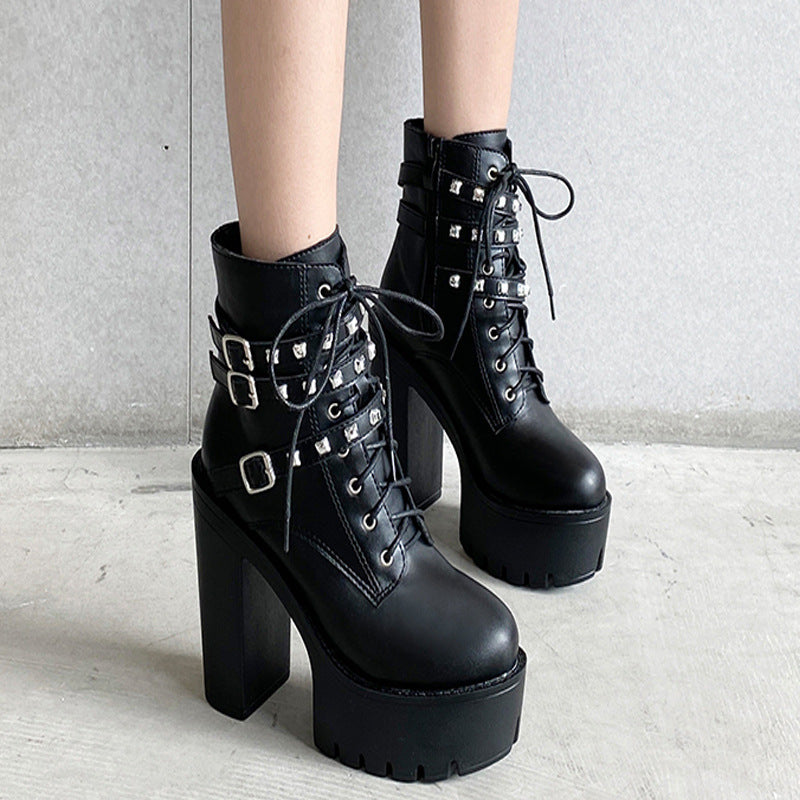 Platform Boots With Thick Soles and Thick Heels and Velvet Rivets