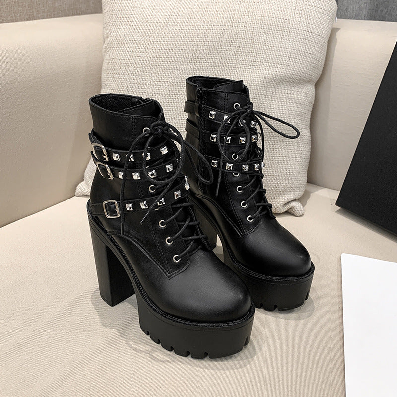 Platform Boots With Thick Soles and Thick Heels and Velvet Rivets