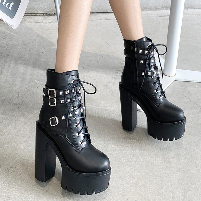 Platform Boots With Thick Soles and Thick Heels and Velvet Rivets