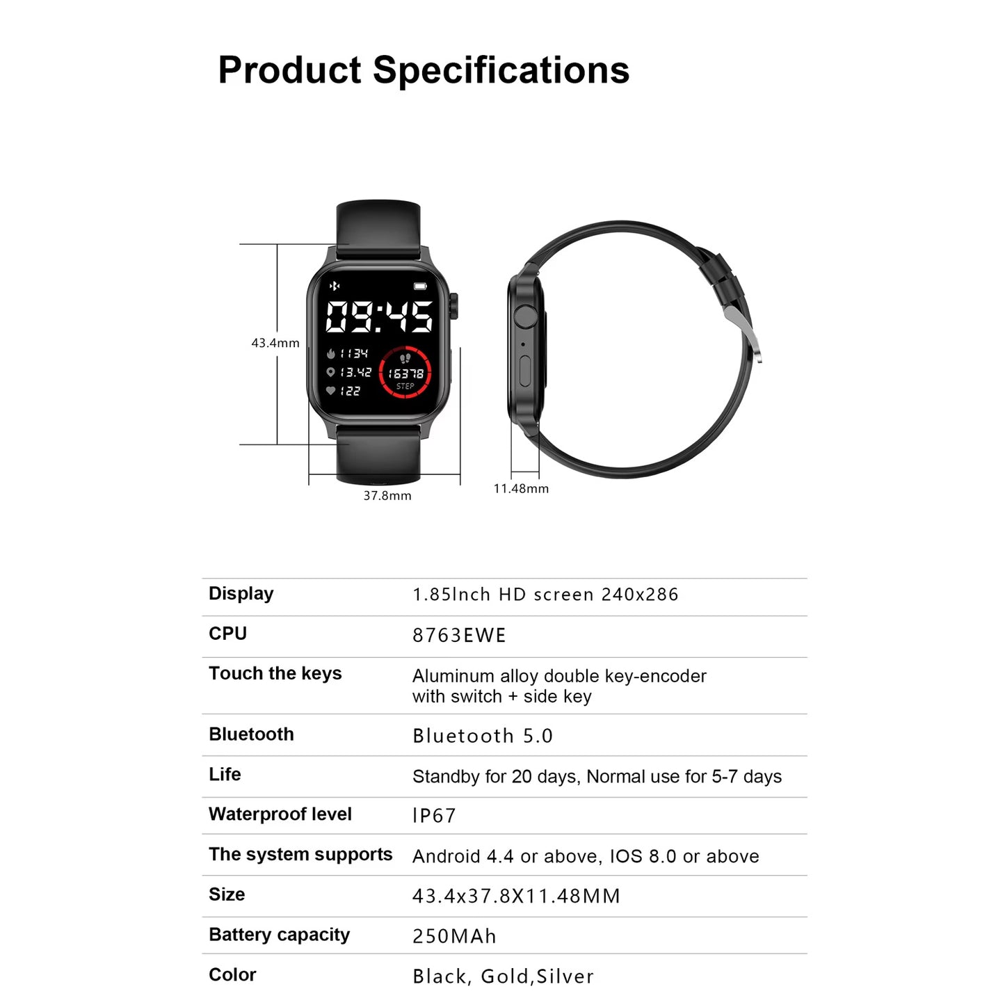 Smart Watch Men Women 1.85'' Square Screen Sports Waterproof - BT, Call, Heart Rate, Tracker and clock