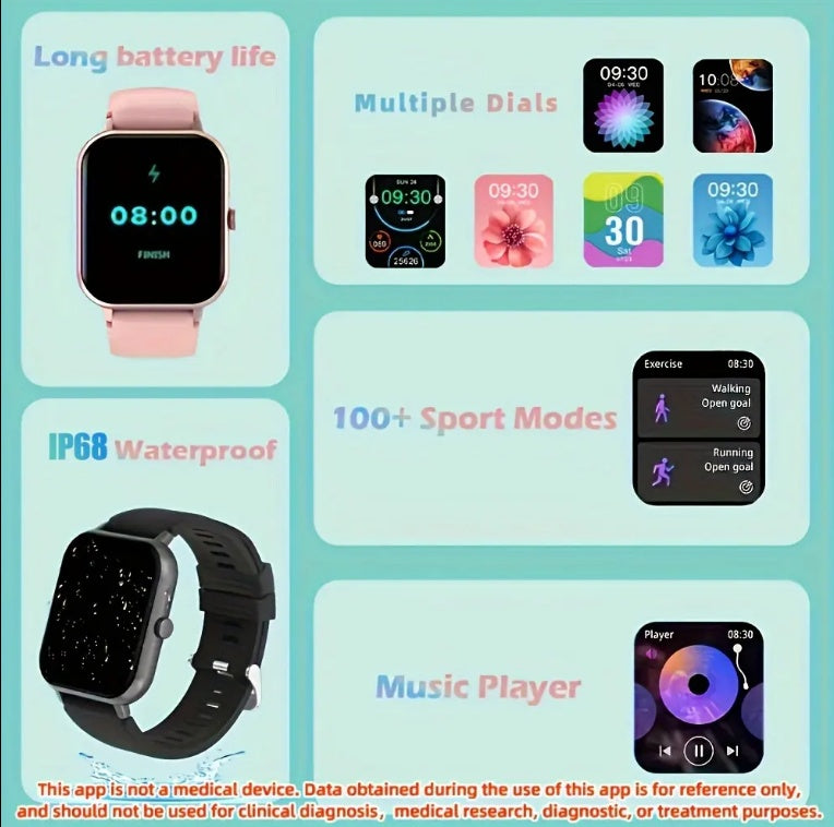Square Smartwatch for Men and Women - Call, Heart Rate, Sport Mode, Fitness Tracker, Waterproof, IOS Android