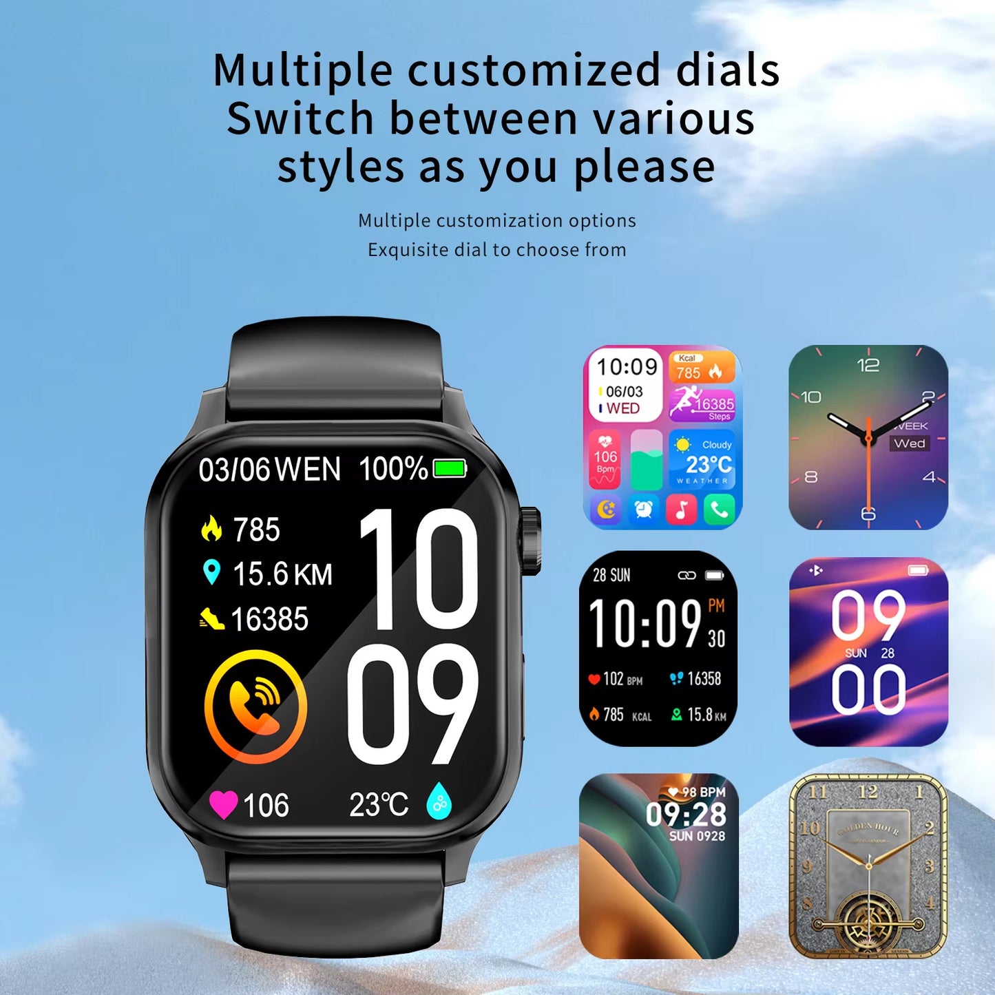 Smart Watch Men Women 1.85'' Square Screen Sports Waterproof - BT, Call, Heart Rate, Tracker and clock