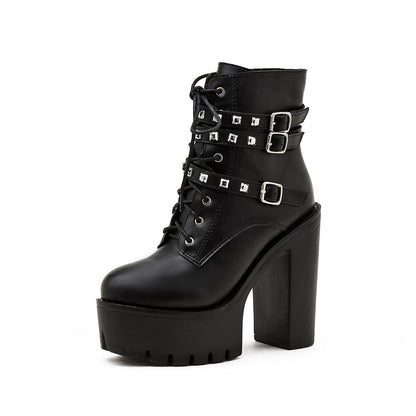 Platform Boots With Thick Soles and Thick Heels and Velvet Rivets