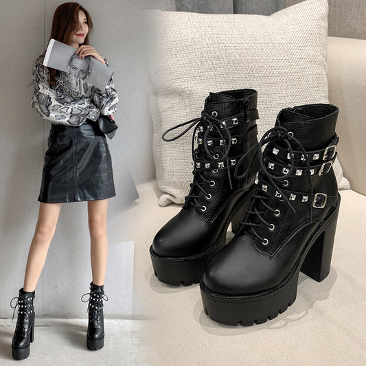 Platform Boots With Thick Soles and Thick Heels and Velvet Rivets