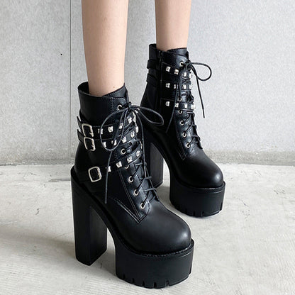 Platform Boots With Thick Soles and Thick Heels and Velvet Rivets