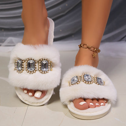 Pearl Rhinestone Chain Fluffy Slippers Women's Fashion Home Warm Flat Heel