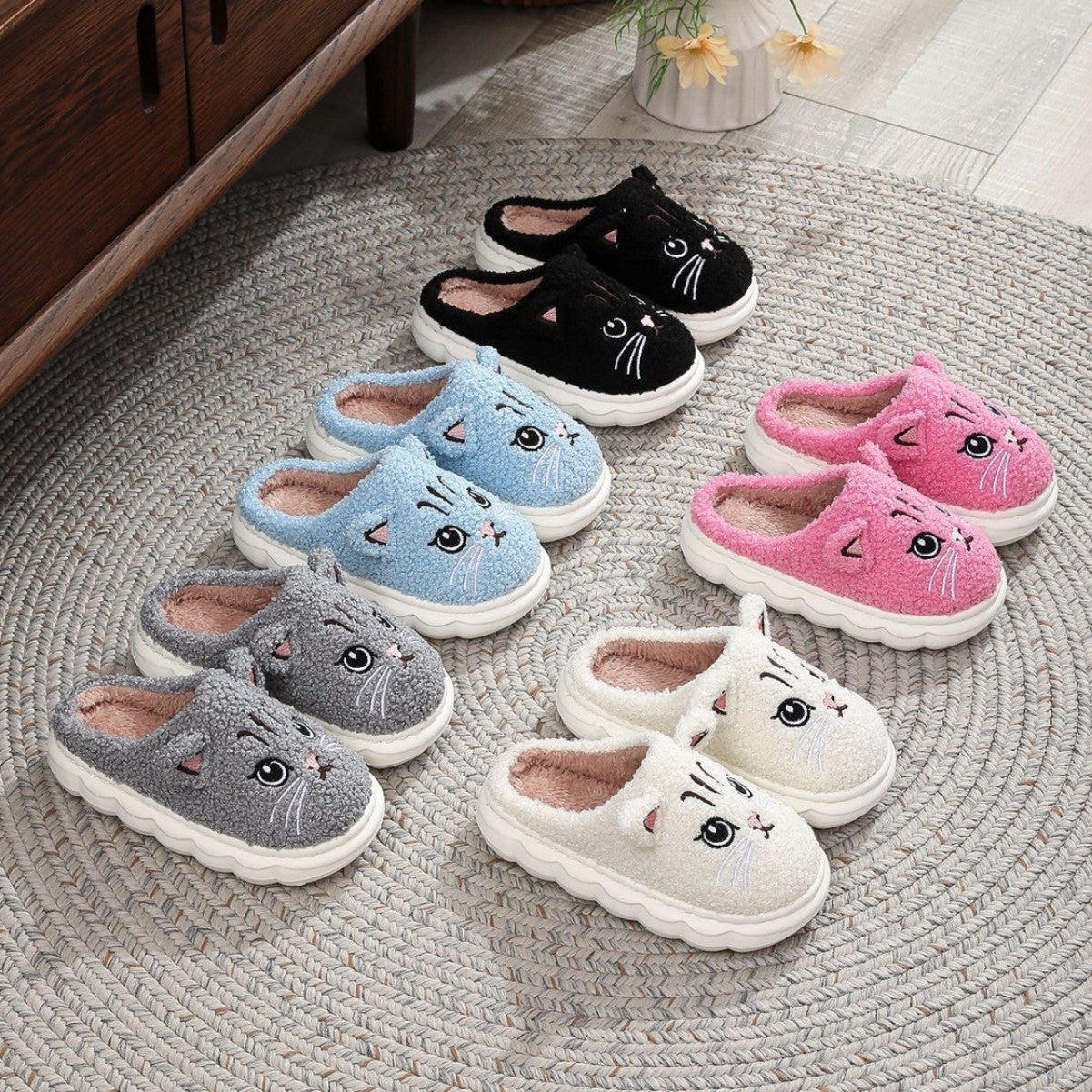 Winter Cartoon Multi-color Cat Fluffy Shoes Home Non-slip Cotton Slippers