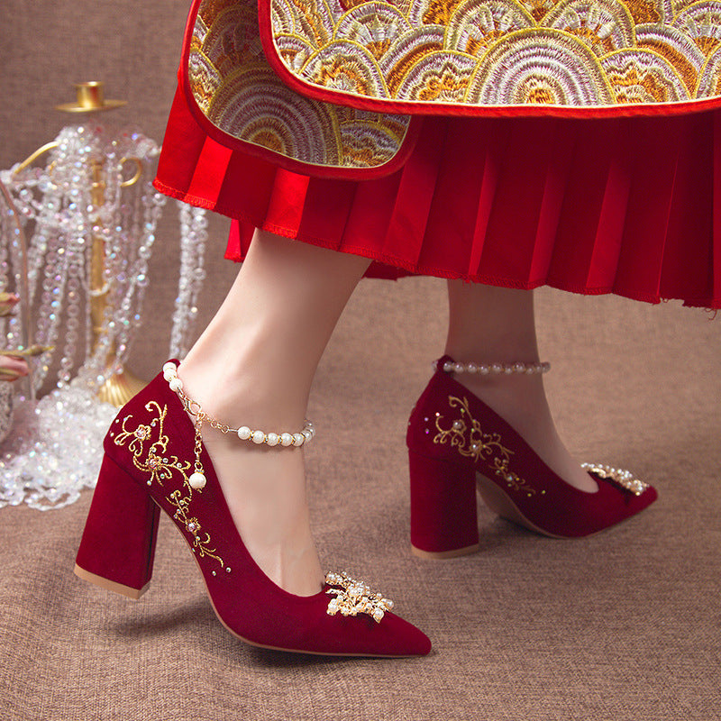 Wine Red Pointed Toe Chunky Heel Wedding Shoes For Women